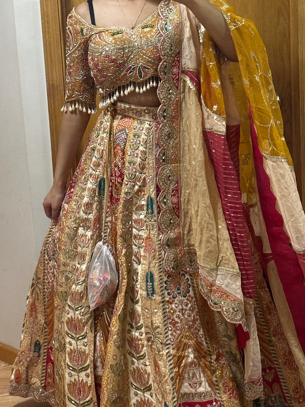 New Embroidered Bridal Beige & Mustard Lehenga Set With Jewel Accents From India